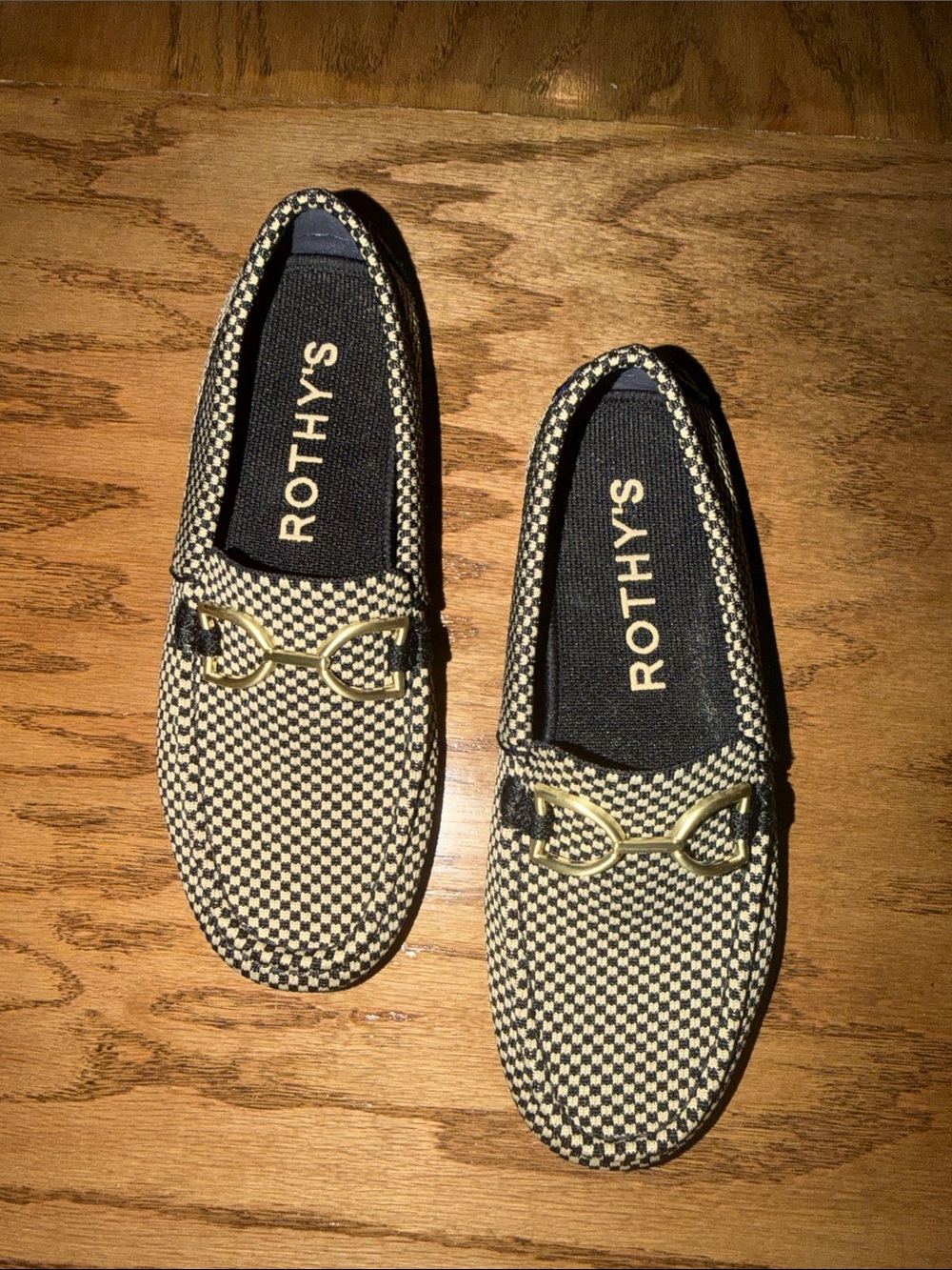 Rothy's Black & Cream Checkered Driver Slip-On Loafers with Gold Hardware